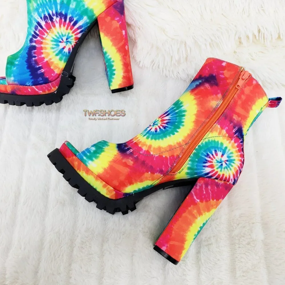 Trippin Colorful Tie Dye Open Toe Chunky Platform Heel Ankle Boots - Picture 4 of 11